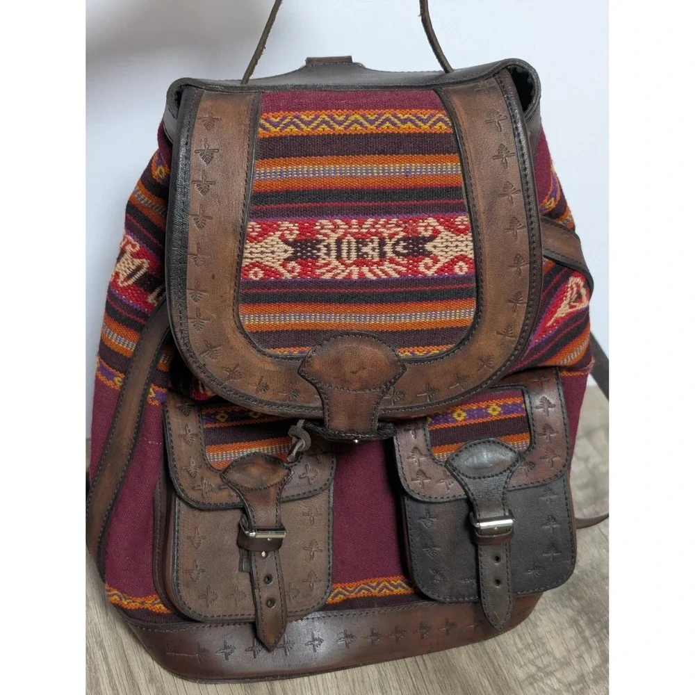 Handcrafted Tooled Leather‎ Bohemian Backpack Aztec Burgundy Brown